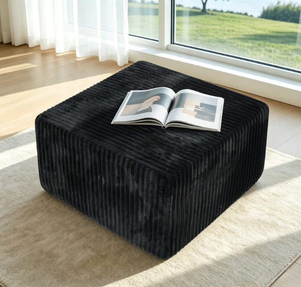 English Elm Square Corduroy Modular Ottoman Cube Ribbed Upholstered Footrest for Living Rooms Black W487P496382