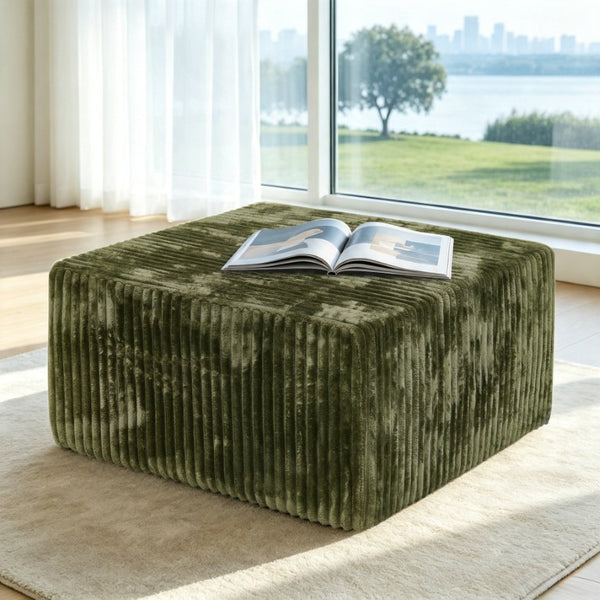 English Elm Square Corduroy Modular Ottoman Cube Ribbed Upholstered Footrest for Living Rooms Green W487P496385