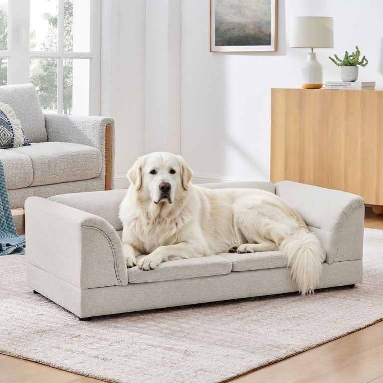 English Elm Oversized Pet Sofa with Curved Armrests Linen Upholstery for Large Dogs and Cats Beige W487P497600