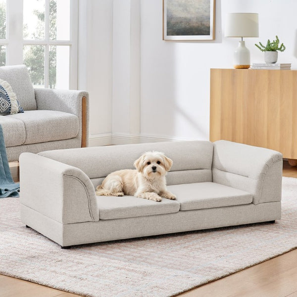 English Elm Oversized Pet Sofa with Curved Armrests Linen Upholstery for Large Dogs and Cats Beige W487P497600
