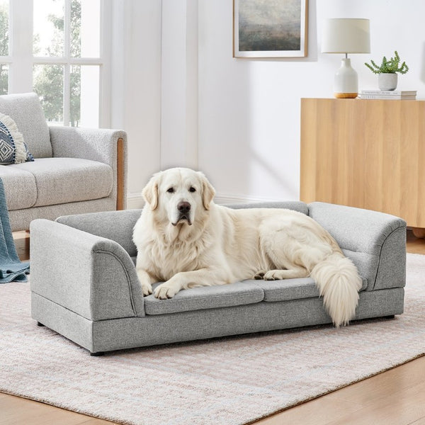English Elm Oversized Pet Sofa with Curved Armrests Linen Upholstery for Large Dogs and Cats Light Grey W487P497601
