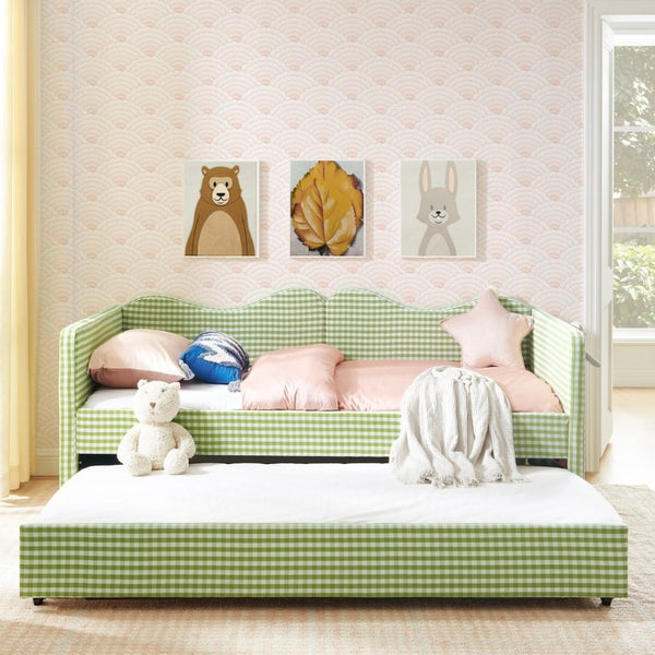 English Elm 82513Tw-Gen-B Gingham Upholstered Daybed with Trundle Guardrails and Side Storage Pocket W487P500793