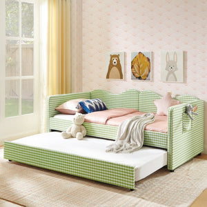 English Elm 82513Tw-Gen-B Gingham Upholstered Daybed with Trundle Guardrails and Side Storage Pocket W487P500793