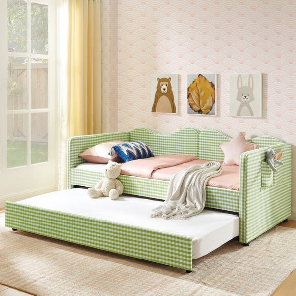 English Elm 82513Tw-Gen-B Gingham Upholstered Daybed with Trundle Guardrails and Side Storage Pocket W487P500793