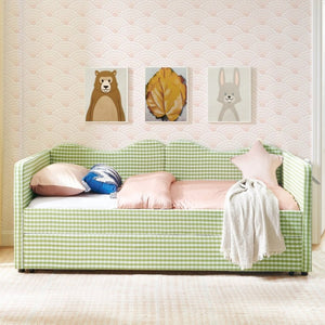 English Elm 82513Tw-Gen-B Gingham Upholstered Daybed with Trundle Guardrails and Side Storage Pocket W487P500793