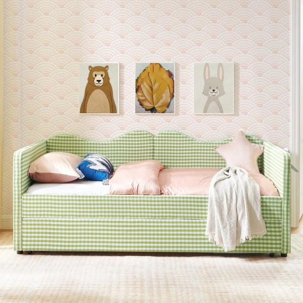 English Elm 82513Tw-Gen-B Gingham Upholstered Daybed with Trundle Guardrails and Side Storage Pocket W487P500793