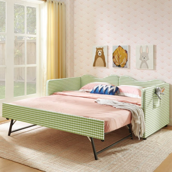English Elm 82513Tw-Gen-B Gingham Upholstered Daybed with Trundle Guardrails and Side Storage Pocket W487P500793