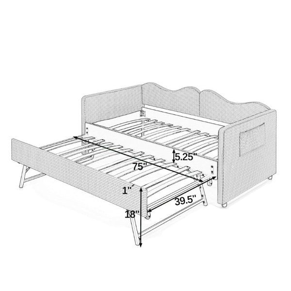 English Elm 82513Tw-Gen-B Gingham Upholstered Daybed with Trundle Guardrails and Side Storage Pocket W487P500793
