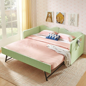 English Elm 82513Tw-Gen-B Gingham Upholstered Daybed with Trundle Guardrails and Side Storage Pocket W487P500793