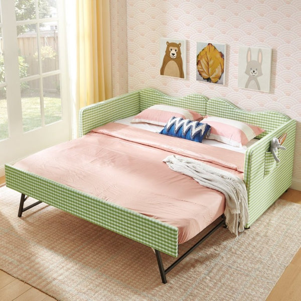 English Elm 82513Tw-Gen-B Gingham Upholstered Daybed with Trundle Guardrails and Side Storage Pocket W487P500793