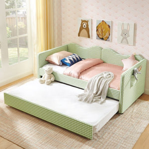 English Elm 82513Tw-Gen-B Gingham Upholstered Daybed with Trundle Guardrails and Side Storage Pocket W487P500793