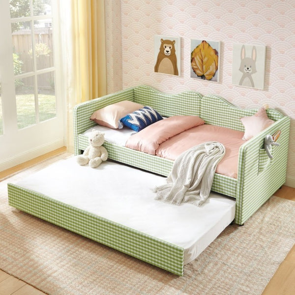 English Elm 82513Tw-Gen-B Gingham Upholstered Daybed with Trundle Guardrails and Side Storage Pocket W487P500793