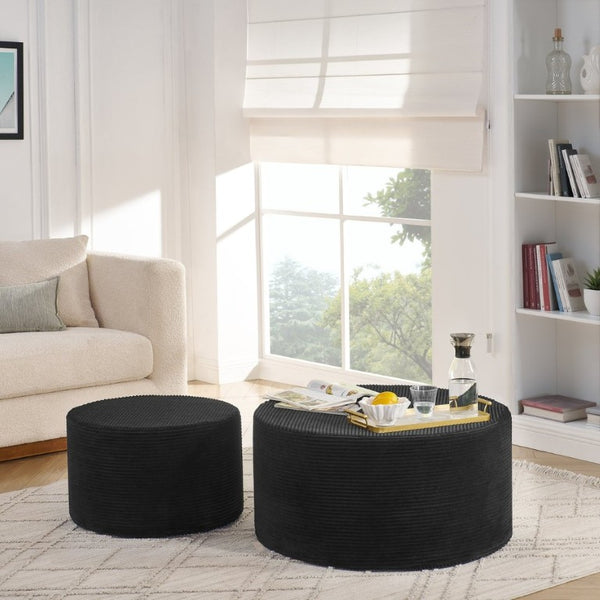 English Elm Set of 2 Cylindrical Upholstered Poufs Modern Round Floor Ottoman for Living Room Black W487P524748