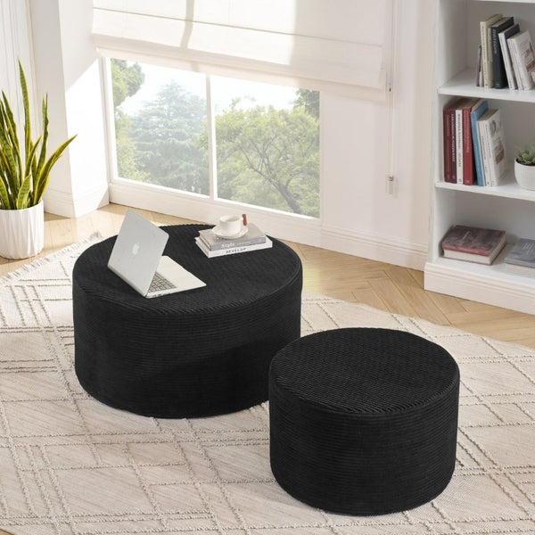 English Elm Set of 2 Cylindrical Upholstered Poufs Modern Round Floor Ottoman for Living Room Black W487P524748