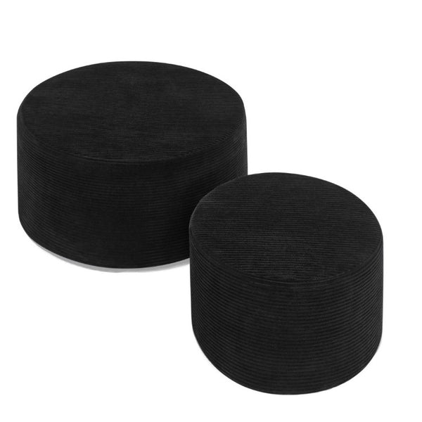 English Elm Set of 2 Cylindrical Upholstered Poufs Modern Round Floor Ottoman for Living Room Black W487P524748