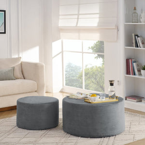 English Elm Set of 2 Cylindrical Upholstered Poufs Modern Round Floor Ottoman for Living Room Dark Gray W487P524749