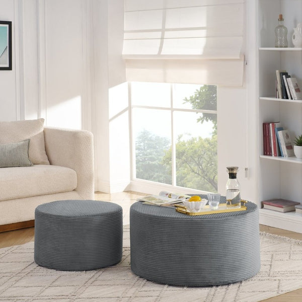English Elm Set of 2 Cylindrical Upholstered Poufs Modern Round Floor Ottoman for Living Room Dark Gray W487P524749