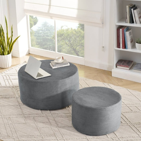 English Elm Set of 2 Cylindrical Upholstered Poufs Modern Round Floor Ottoman for Living Room Dark Gray W487P524749