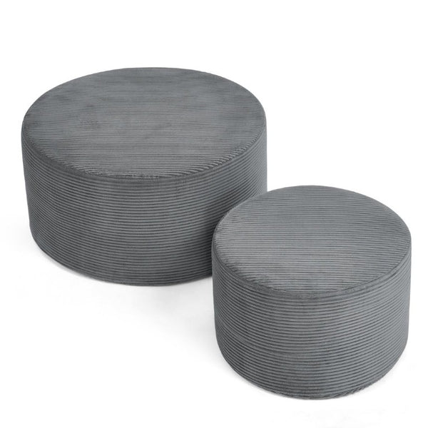 English Elm Set of 2 Cylindrical Upholstered Poufs Modern Round Floor Ottoman for Living Room Dark Gray W487P524749
