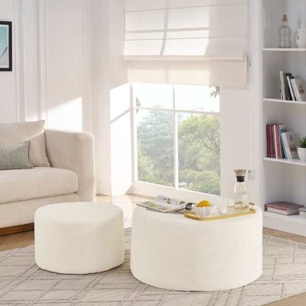 English Elm Set of 2 Cylindrical Upholstered Poufs Modern Round Floor Ottoman for Living Room Beige W487P524750