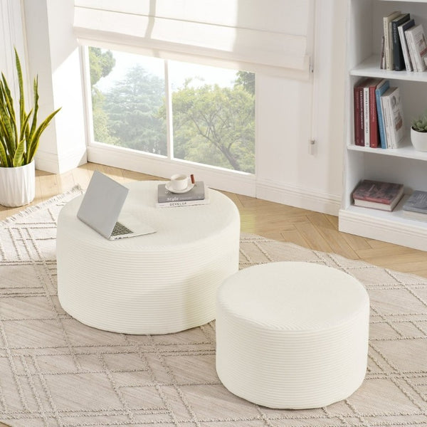 English Elm Set of 2 Cylindrical Upholstered Poufs Modern Round Floor Ottoman for Living Room Beige W487P524750