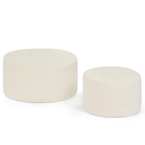 English Elm Set of 2 Cylindrical Upholstered Poufs Modern Round Floor Ottoman for Living Room Beige W487P524750