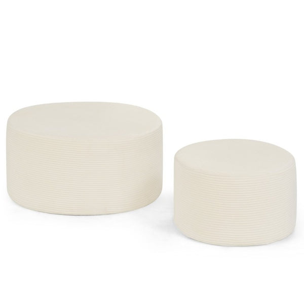 English Elm Set of 2 Cylindrical Upholstered Poufs Modern Round Floor Ottoman for Living Room Beige W487P524750