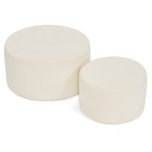 English Elm Set of 2 Cylindrical Upholstered Poufs Modern Round Floor Ottoman for Living Room Beige W487P524750
