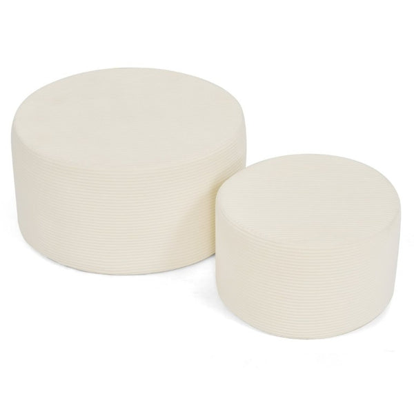 English Elm Set of 2 Cylindrical Upholstered Poufs Modern Round Floor Ottoman for Living Room Beige W487P524750