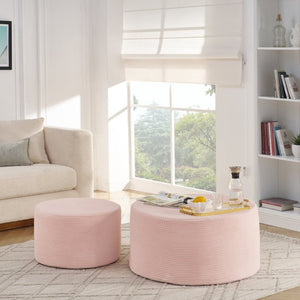 English Elm Set of 2 Cylindrical Upholstered Poufs Modern Round Floor Ottoman for Living Room Pink W487P524751