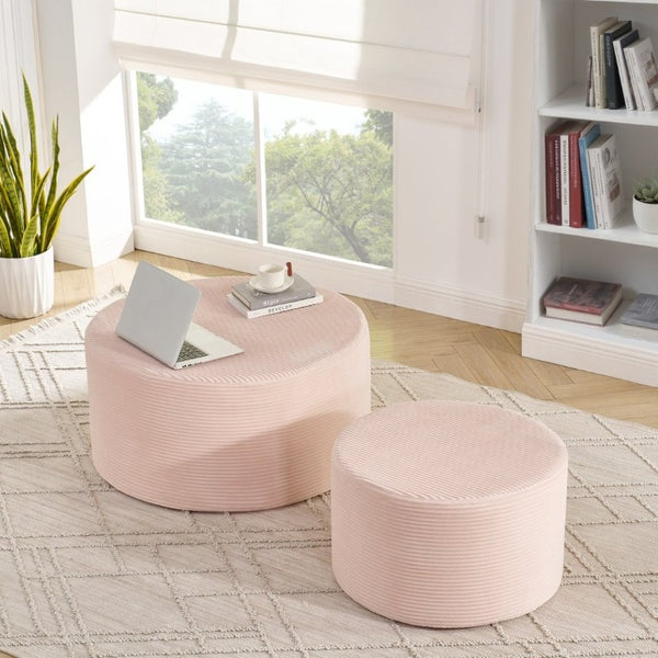 English Elm Set of 2 Cylindrical Upholstered Poufs Modern Round Floor Ottoman for Living Room Pink W487P524751
