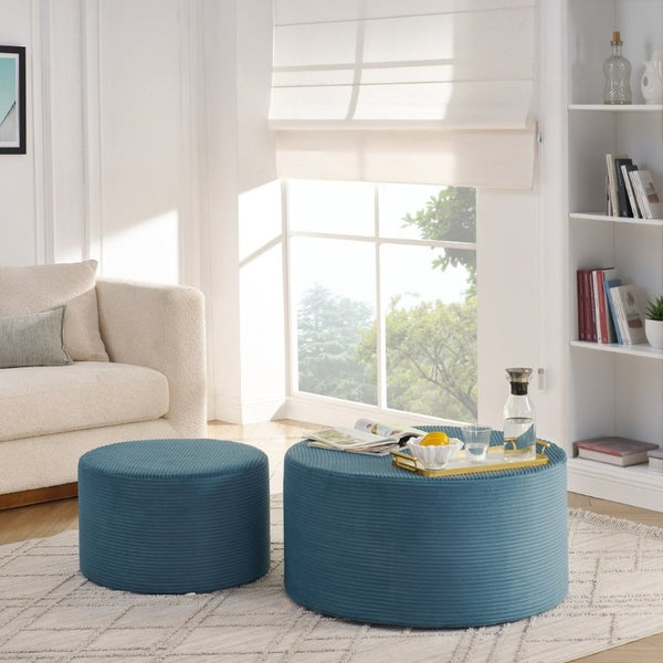 English Elm Set of 2 Cylindrical Upholstered Poufs Modern Round Floor Ottoman for Living Room Blue W487P524752