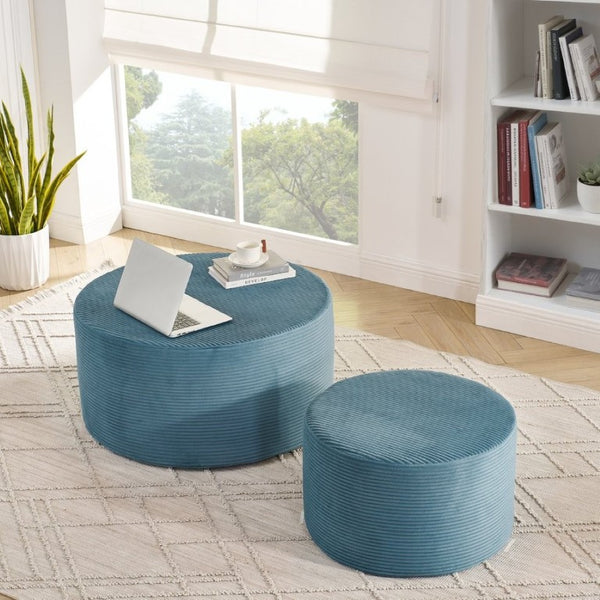 English Elm Set of 2 Cylindrical Upholstered Poufs Modern Round Floor Ottoman for Living Room Blue W487P524752