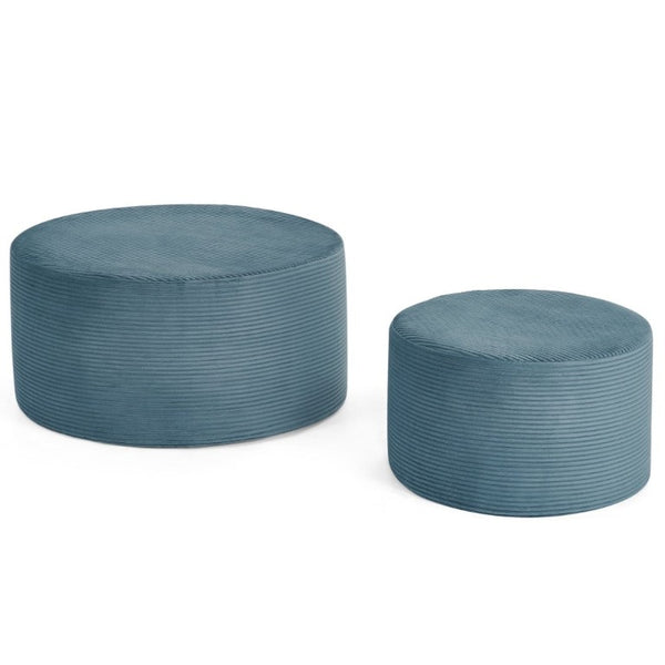 English Elm Set of 2 Cylindrical Upholstered Poufs Modern Round Floor Ottoman for Living Room Blue W487P524752