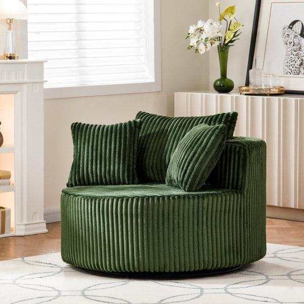 English Elm Oversized Round Swivel Chair with Ribbed Plush Fabric and Cozy Cocoon Seat for Lounging Green W487P540555