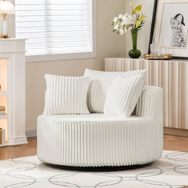 English Elm Oversized Round Swivel Chair with Ribbed Plush Fabric and Cozy Cocoon Seat for Lounging Beige W487P540557