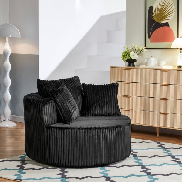 English Elm Oversized Round Swivel Chair with Ribbed Plush Fabric and Cozy Cocoon Seat for Lounging Black W487P540558
