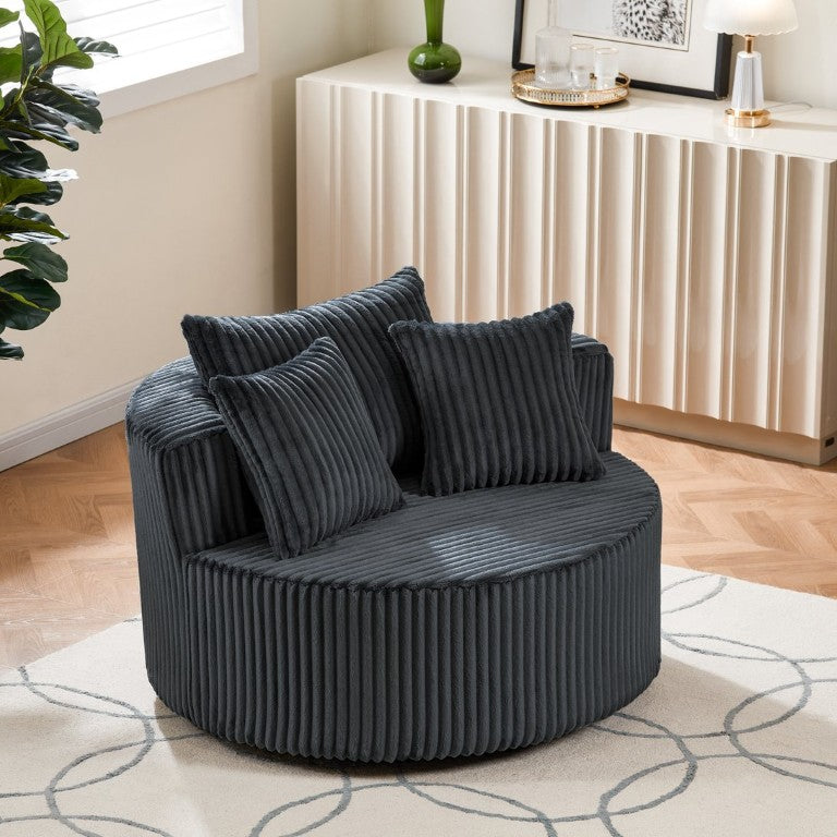English Elm Oversized Round Swivel Lounge Chair Ribbed Plush Fabric Cocoon Seat with Throw Pillows W487P540559