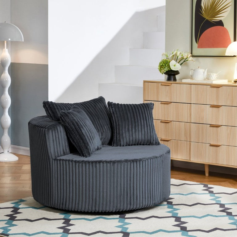 English Elm Oversized Round Swivel Lounge Chair Ribbed Plush Fabric Cocoon Seat with Throw Pillows W487P540559