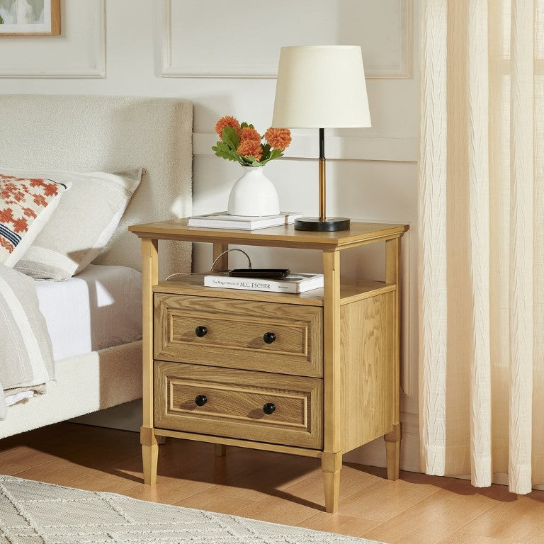 English Elm Wooden Framed Nightstand with Open Cubby Shelf and Two Drawers for Bedroom Decor W487P543905