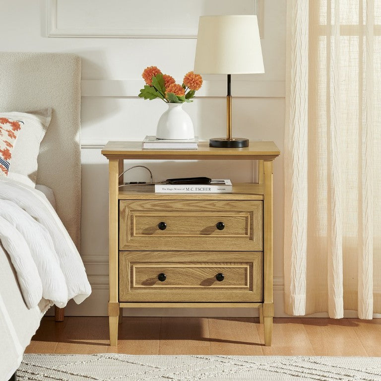 English Elm Wooden Framed Nightstand with Open Cubby Shelf and Two Drawers for Bedroom Decor W487P543905