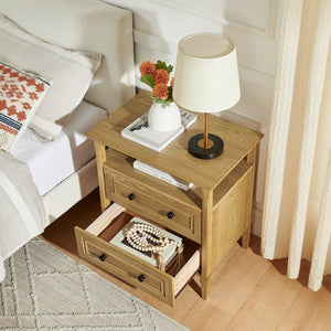 English Elm Wooden Framed Nightstand with Open Cubby Shelf and Two Drawers for Bedroom Decor W487P543905