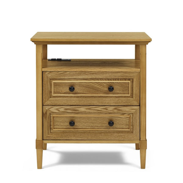 English Elm Wooden Framed Nightstand with Open Cubby Shelf and Two Drawers for Bedroom Decor W487P543905
