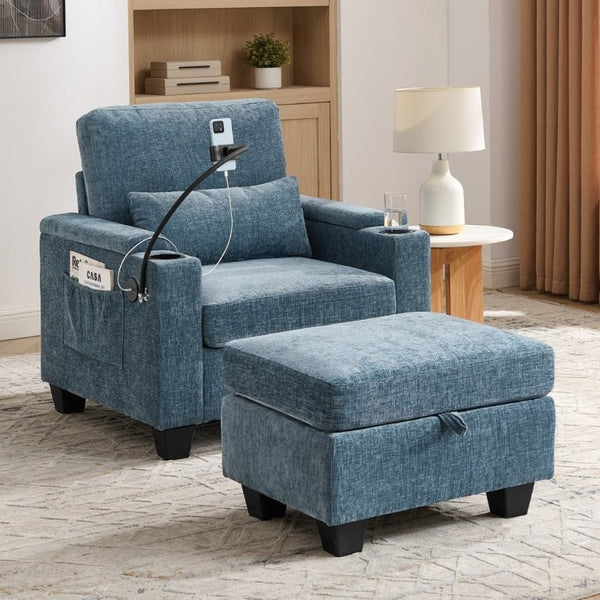English Elm Single Chenille Recliner with Ottoman USB Port Hidden Storage and Cup Holders Blue W487P556700