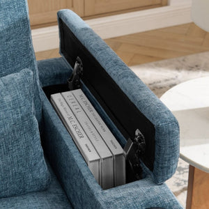 English Elm Single Chenille Recliner with Ottoman USB Port Hidden Storage and Cup Holders Blue W487P556700