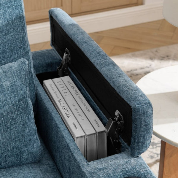 English Elm Single Chenille Recliner with Ottoman USB Port Hidden Storage and Cup Holders Blue W487P556700