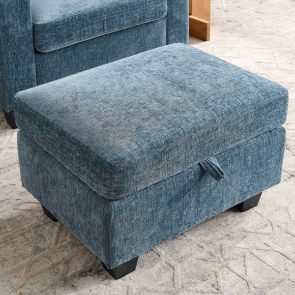 English Elm Single Chenille Recliner with Ottoman USB Port Hidden Storage and Cup Holders Blue W487P556700