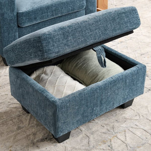 English Elm Single Chenille Recliner with Ottoman USB Port Hidden Storage and Cup Holders Blue W487P556700