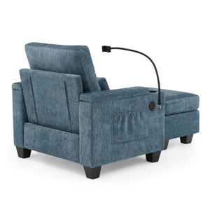 English Elm Single Chenille Recliner with Ottoman USB Port Hidden Storage and Cup Holders Blue W487P556700