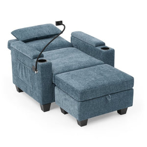 English Elm Single Chenille Recliner with Ottoman USB Port Hidden Storage and Cup Holders Blue W487P556700